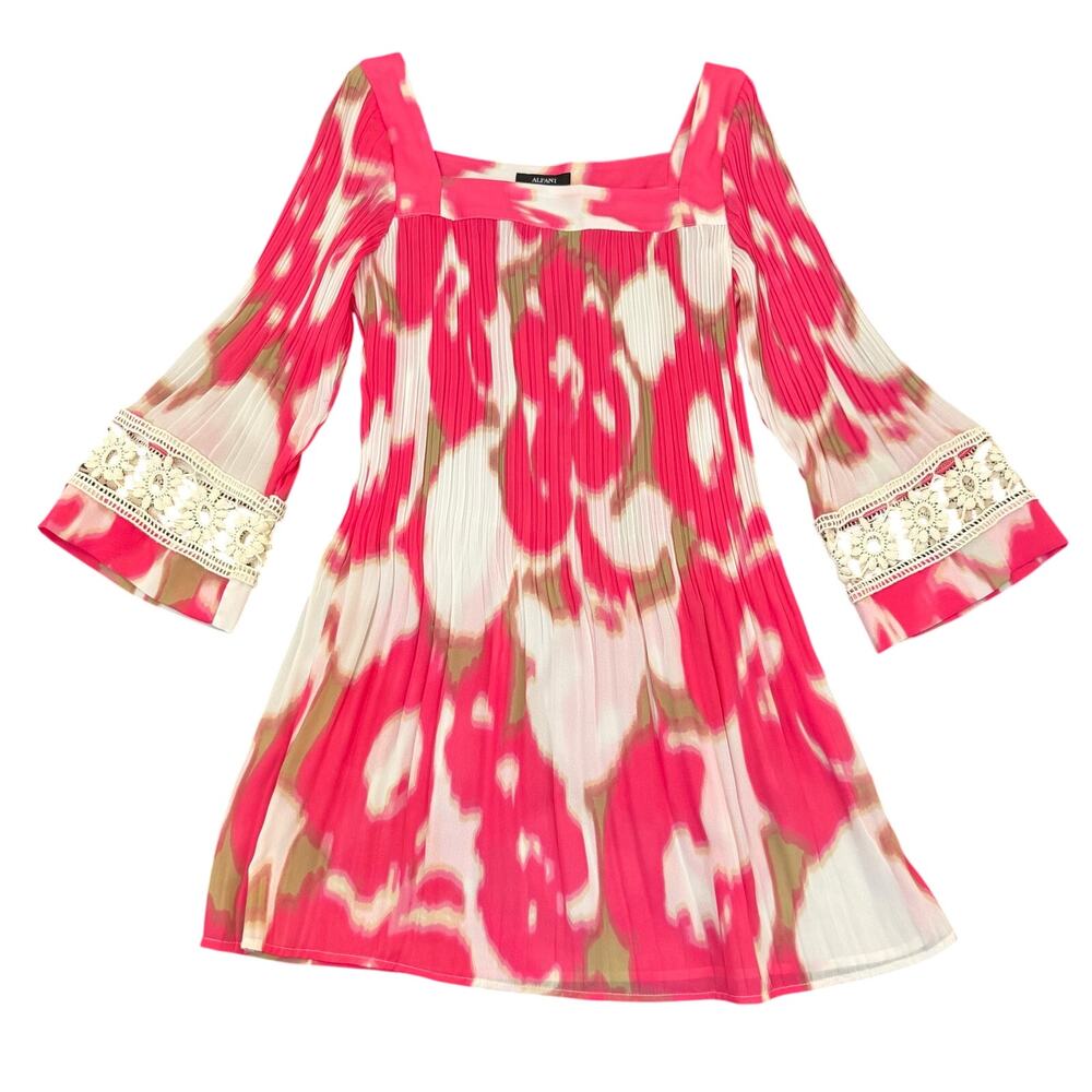Alfani‎ Women's Size 8 Pink Floral Pleated Bell Sleeve Crocheted Lace Mini Dress